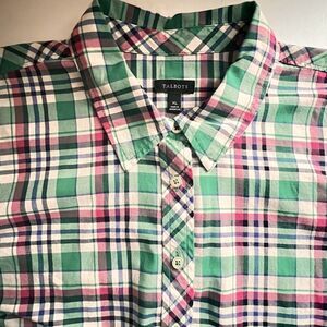 Talbots Shirt XL Flannel Pink Green Plaid Button up Cotton